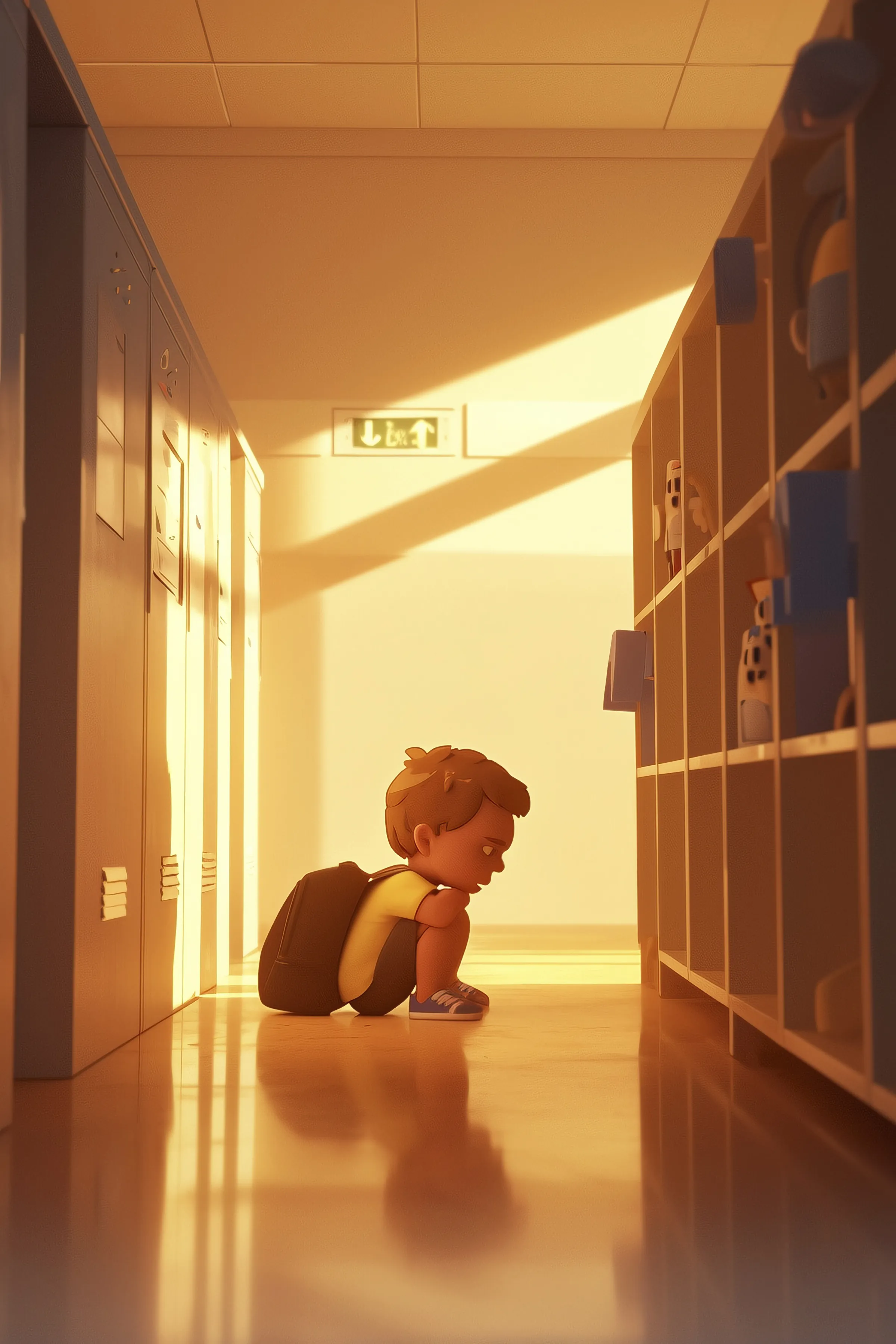 Um menino sozinho no corredor da escola, de costas para a turma